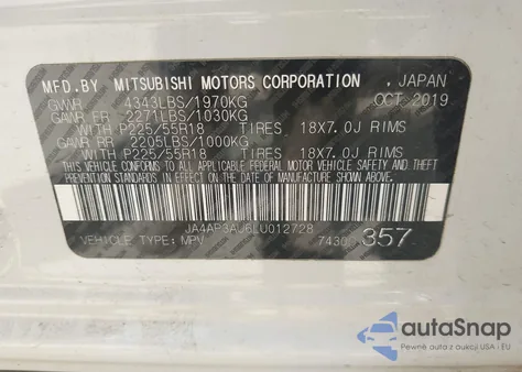 2020 Mitsubishi Outlander Sport 2.0 Es z USA, uszkodzony, nr VIN JA4AP3AU6LU012728